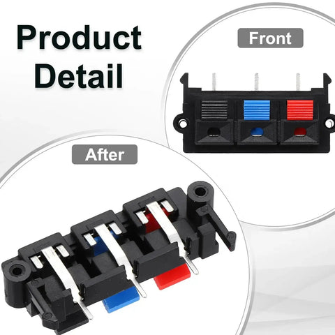 Three Way Spring Terminal Clip Push Release Connector Plate Jack Socket For Speakers Color Coded Red Blue Black 50mm By 25mm By 21mm