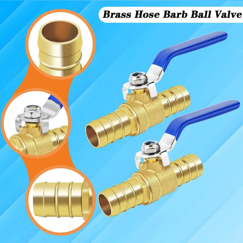 Brass Hose Barb Ball Valve Kit Two Pack For Five Eighth Inch And Three Quarter Inch Hose Barbs With Stainless Steel Clamps