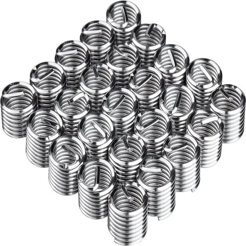 25 pieces of stainless steel M5x0.8mm thread inserts from the 30 Piece Thread Repair Kit Must Have With M5X0.8mm Thread Inserts Includes Helicoil Insertion Tool Lug Breaker Installation Tool Wrench Thread Tap And Drill Bit For Restoring Stripped Holes In Auto Motorcycle Machinery And Home Projects.