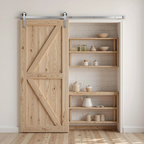 Six Foot Brushed Nickel Sliding Barn Door Hardware Kit For 36 Inch Wide Door installed on wooden barn door