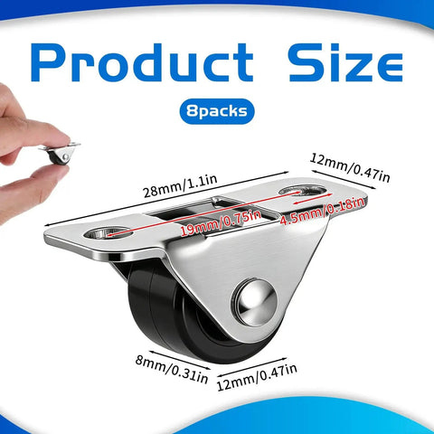 8 Pack Mini Casters 1/2 Inch Low Profile Fixed Caster Wheels With Screws, Single Direction Metal Top Silent Rigid Casters for Furniture