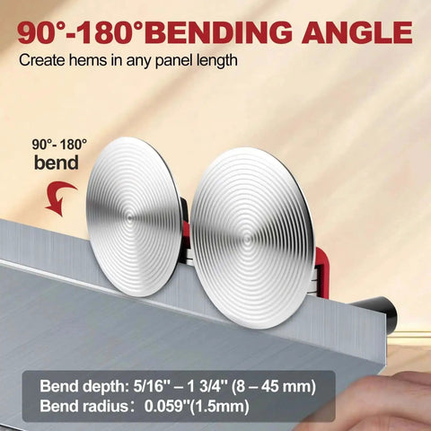 Two Station Disc Sheet Metal Bender for DIY Roof Projects showing 90 to 180 degree bending angle with detachable disc