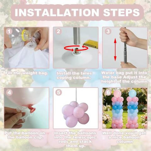 Installation steps for 12Ft Table Balloon Arch Kit With Column Stand For Parties Birthday Wedding, showing setup process.
