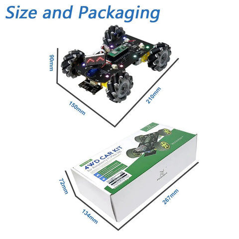 Mecanum Wheel Robot Car Kit For Raspberry Pi Pico W Included shown with size dimensions and packaging, compatible with Arduino IDE.