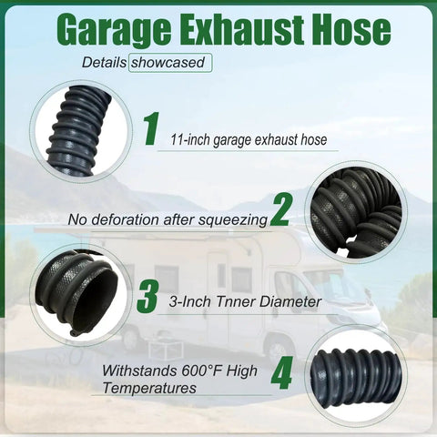 Details of Garage Exhaust Hose including 3-Inch Inner Diameter, 11-Foot length, heat resistance, with two clamps