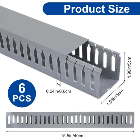 Six Piece Open Slot Wiring Raceway Duct For Under Desk Cable Management, Black PVC, detail with dimensions and vented slots