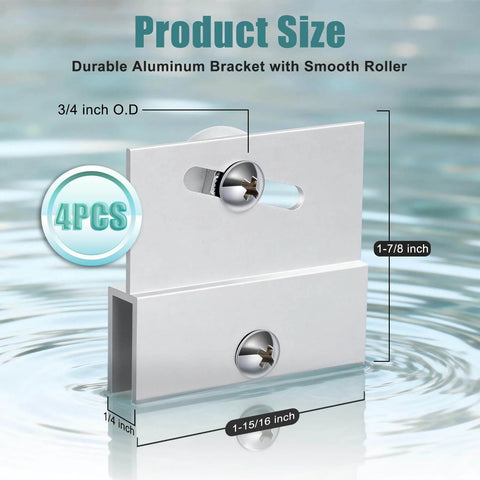 4 Pack Top Bracket Roller Assembly For Frameless Shower Doors With Three Quarter Inch Ball Bearing Wheel Extruded Aluminum Chrome Finish Adjustable Fit For Glass Up To Quarter Inch Replacement Hardware Kit For Sliding Doors, side view showing size measurements