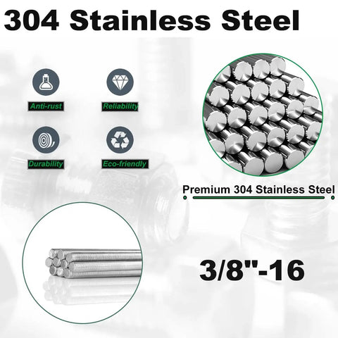 Three Eighths Inch 16 UNC Stainless Steel Threaded Rod 12 Inch Pack of 2, shown in 304 stainless steel, 3/8"-16 size