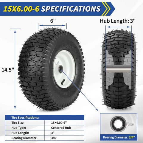 Two Pack 15x6.00-6 Rubber Lawn Mower Tire And Wheel Set With Three Quarter Inch Bearing Bore And Three Inch Centered Hub For Riding Mowers Flat Free Replacement For 15x6.00-6, shown with size specifications.