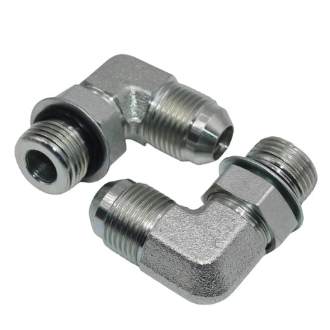 Five Pack One Half Inch JIC 37 Degree Male To SAE ORB Male Hydraulic Corner Elbow Fittings For Fluid Power Systems Carbon Steel Construction 6000 PSI Maximum Working Pressure Three Quarter Sixteen UNF Threads On Both Ends