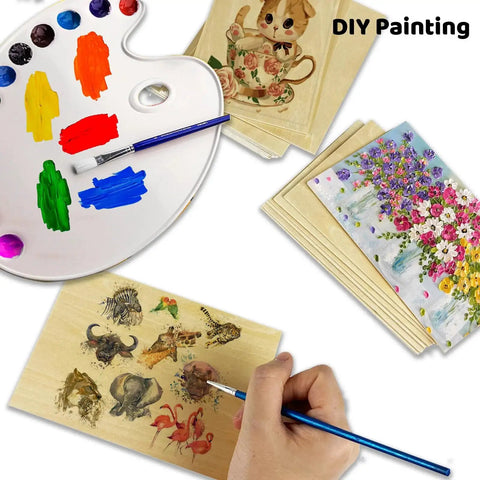 Palette and brush next to 20 Pack Poplar Plywood Sheets Unfinished 2mm Thick Wood For Laser Cutting Wood Burning Painting And Model Making 150x100mm Craft Supply Kit with animal art on sheets.
