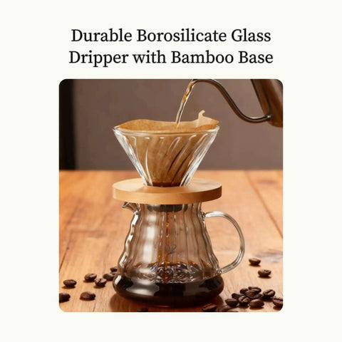 Go To Pour Over Coffee Maker Set With 20oz Borosilicate Glass Carafe Bamboo Base And Spiral Stand V Shaped Dripper 100 Paper Filters Plastic Free Manual Brewer For Home And On The Go Brewing, with coffee being poured into V-shaped dripper.