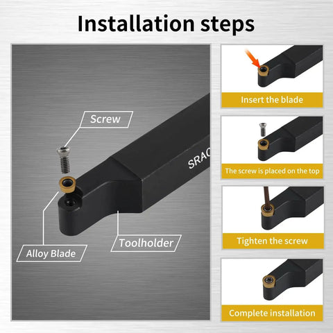Installation steps for Indexable Lathe Turning Tool Set Half Inch 12 Millimeter with tool holder, screw, and alloy blade.