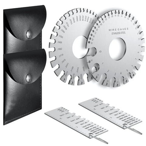 Pro Grade Wire Gauge Measuring Tool For Metal Sheets With Dual Sided Thickness Gauge In Stainless Steel Ready For AWG And SAE Measurements Set Of Four including two gauges and two thickness tools in leather case.