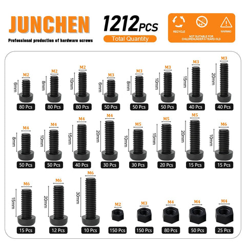 1212 Piece Black Nylon Pan Head Phillips Screws Bolts Nuts Assortment For Microcontroller Board Projects Insulate Or Fasten PCB Boards M2 M3 M4 M5 M6 Metric Threaded Screws And Nuts Set