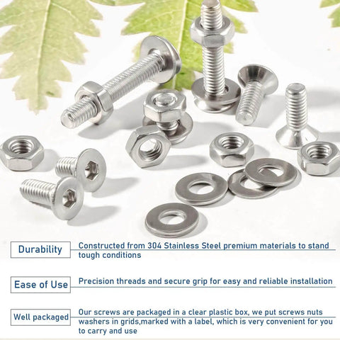 Ultimate M3 Countersunk Socket Cap Screws Set in 304 Stainless Steel, 500pcs with nuts and washers on white background