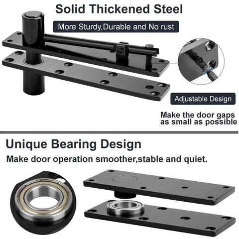 Hidden Pivot Hinge For Secret Doors And Hidden Bookcases Thickened Rock Solid Heavy Duty Steel Hardware With 870 Lbs Load Bearing 360 Degree Rotation Smooth Bearing Design Rust Resistant Patented, shown in black with solid thickened steel and unique bearing design