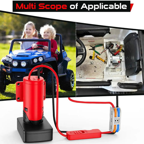 Upgraded Milwaukee 12V Battery Adapter for Ride On Wheel Toys with all-in-one switch and fuse, shown in DIY installation.