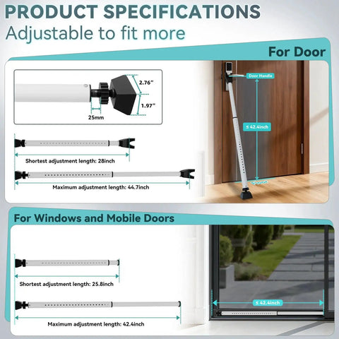 Adjustable Sliding Door Security Bar 25-45 Inches Heavy Duty Rust Resistant Steel No Tool Installation White 1 Pack Multi Use Window And Patio Door Stopper For Renters And Instant Home Security Easy No Tool Setup Rustproof Construction Apartment Friendly, with measurements and installation examples for doors and windows.