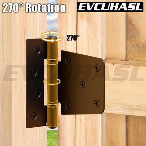 3.5 Inch Heavy Duty Gate Hinges Black Iron With Powder Coating Finish displaying 270-degree rotation on wooden gate