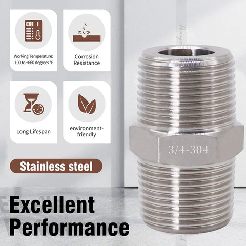 Stainless steel hex pipe fitting with 3/4 NPT male threads, 1 in O.D., two-piece set.