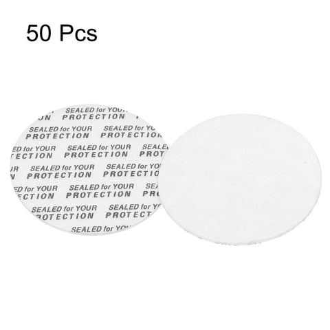 PATIKIL 45mm foam lid liner, 50-pack; white foam seal with protective backing printed SEALED for YOUR PROTECTION