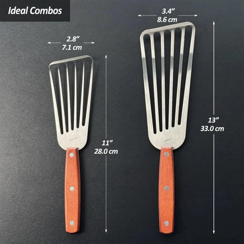 2 Pack Fish Spatula Turner Set Stainless Steel Slotted Spatulas For Flipping Turning Frying And Grilling 3 By 6 Inch And 4 By 8 Inch With Wooden Full Tang Handle And Curved Beveled Blade shown front view.