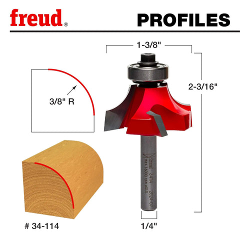 Freud Quadra Cut Radius Rounding Over Bit With Perma Shield Coating For Flawless Finish Four Cutters One Quarter Inch Shank Three Eighth Inch Radius
