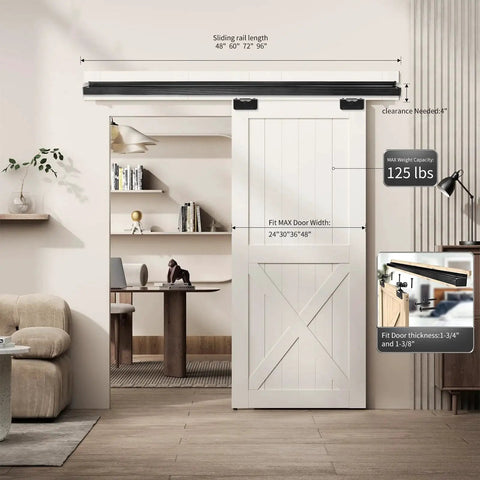 Interior Box Rail Sliding Door Hardware Kit With Wall Mount Aluminum Alloy Track For Wood Doors Up To One And Three Eighths Inches Thick; Sliding Rails In 48 60 72 And 96 Inches, Easily Cut To Size; Three Wheel Hanger With Decorative Bracket For Smooth, installed view showing interior setup.