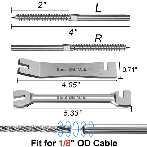 Deck Cable Railing Kit With Right And Left Handed Swage Lag Screws For Wood Posts One Eighth Inch Stainless Steel T316 Marine Grade Rustproof DIY Baluster Rail Hardware Wrench Included dimensions and components