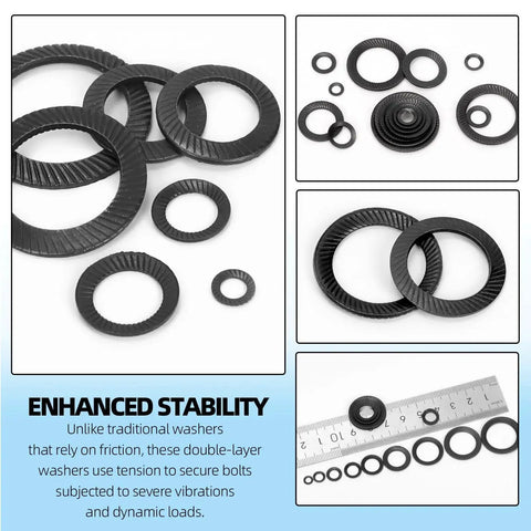 Group of black conical knurled spring washers in sizes M3–M16, 65Mn steel, shown with ruler for scale.