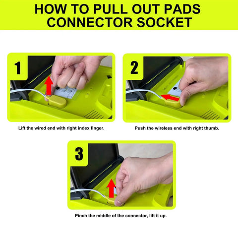 AED Trainer Pro 120GA XFT Defibrillator Simulator, guide on pulling out pads connector socket, showing step-by-step instructions.