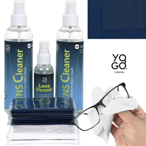 Eyeglass Lens Cleaner Kit With 8oz Bottles And 12 Microfiber Cloths Streak Free featuring spray bottles and folded cloths