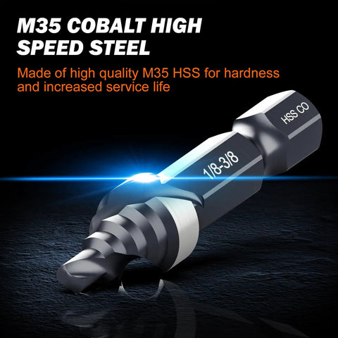 Cobalt Spiral Flute Step Drill Bit M35 HSS Three Eighths Inch Main Size With One Quarter Inch Shank for metal, wood, plastic