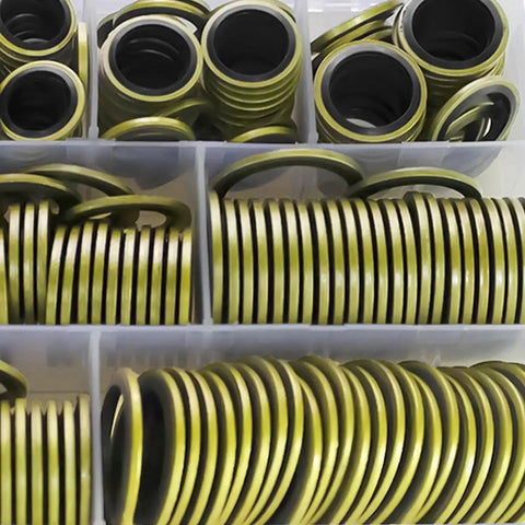 378 Piece NBR Metal Bonded Sealing Washer Kit With 12 Sizes M6 Through M30 for automotive repairs, shown in organized sections.