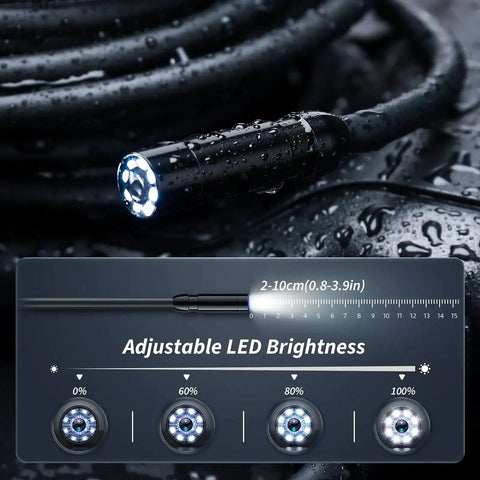 Close-up of an Endoscope Camera With Light For Inspections And Tight Spots Pro Grade Tool with adjustable LED lights and waterproof design.