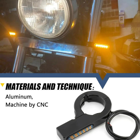 Universal 43 46mm Front Fork LED Turn Signals for Motorcycles 12V Amber Indicator Lights with Clamps shown on motorcycle