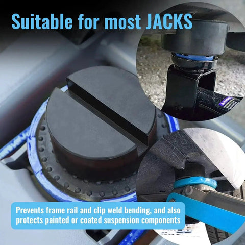 8 Pack Dual Design Rubber Jack Pads for Floor Jacks with V Groove and Round Pads installed on various jacks