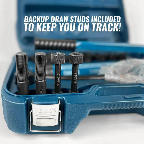 Close-up of Beefed Up 9 Ton Hydraulic Knockout Punch Kit showing backup draw studs in a blue case with handle.