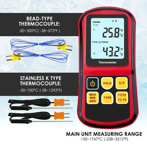 Red handheld dual-channel thermocouple thermometer with LCD display and four K-type probes from Amazon