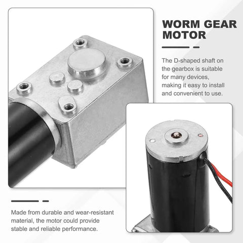 Worm gear motor close-up showing the D-shaped shaft and durable build, suited for high torque DC 24V 5 RPM industrial use in vending machines.