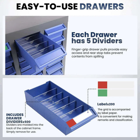 Easy-to-use drawers with dividers in the Boss Level Heavy Duty 100 Drawer Nut And Bolt Organizer Cabinet With Stainless Steel Build.