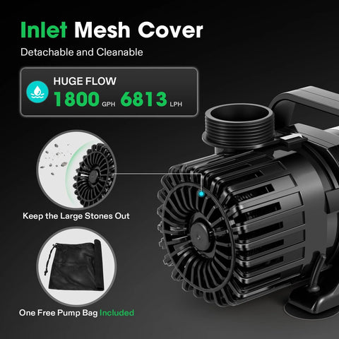 VIVOSUN 1800 GPH submersible pond pump with inlet mesh cover and free pump bag included, 100W for ponds and aquariums.