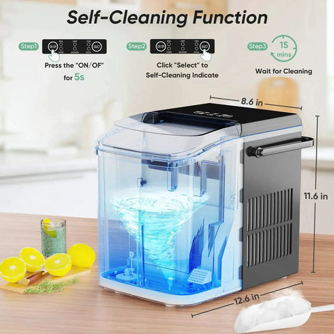 Portable Countertop Ice Maker With Handle 26 Lbs 24H 9 Bullet Ice In 6 Minutes showing self-cleaning function on countertop