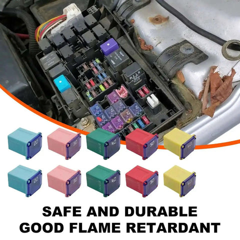 10 Pack Car Square Fuses Low Profile Box Kit 20A 30A 40A 50A 60A Micro Cartridge Fuses installed in fuse box with assortment illustration.