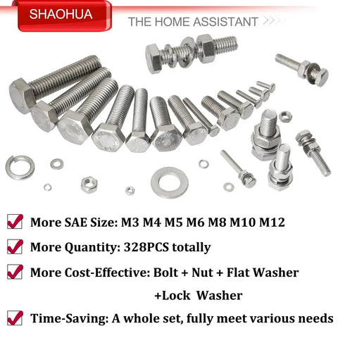 M3 M4 M5 M6 M8 M10 M12 Metric Stainless Steel Bolts And Nuts Kit 304 A2-70 Heavy Duty Flat Hex Head Screws With Nuts Gaskets And Lock Washers 328 Pieces For Auto Home Garage Projects