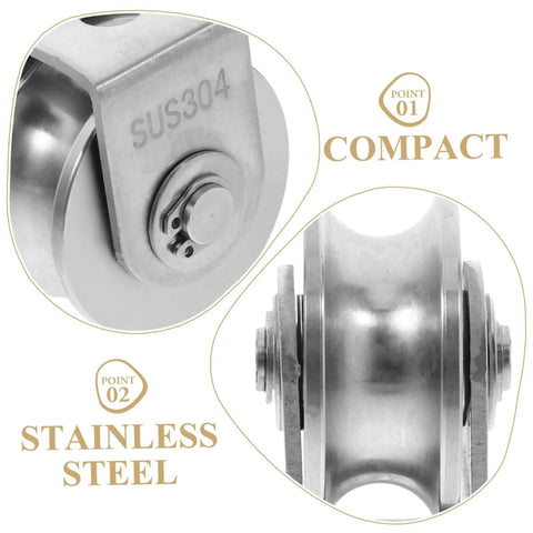 Close-up of Stainless Steel Bearing Pulleys For Sliding Doors Set Of Two Heavy Duty Wire Rope Wheels Industrial Track Rollers