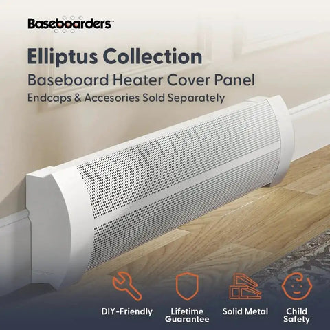 Elliptus Series 7 Ft Galvanized Steel Slip-On Baseboard Heater Cover White Rust-Resistant installed on wooden floor