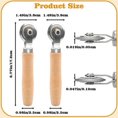 Pro Grade Dual Size Box Resizer Tool Set With 0.5mm And 1.2mm CAMs, wood handles, metal CAMs for scoring cardboard, side view.