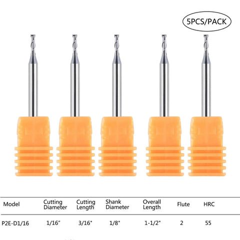 Front view of Five Pack 2 Flute Flat Nose Carbide End Mills Kit Pro Grade by SpeTool, TiAlN Coated, CNC Machining